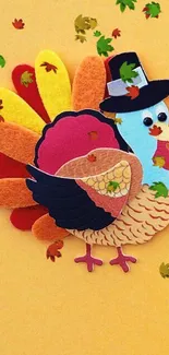 Artistic Thanksgiving turkeys on mustard background mobile wallpaper.