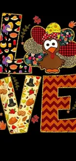 Colorful 'Love' text with turkey art and festive patterns on black background.