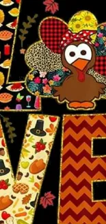 Thanksgiving turkey love design with colorful patterns on black background.