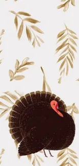 Festive wallpaper with turkey and autumn leaves on cream background.