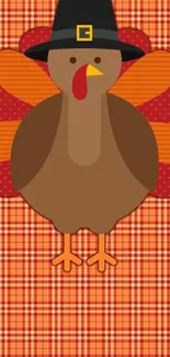 Cartoon turkey on plaid background wallpaper.