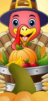 Thanksgiving turkey with a basket of harvest in a vibrant cartoon style.