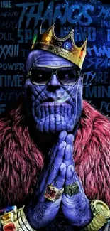 Thanos in royal attire with a blue background for mobile wallpaper.