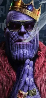 Thanos wearing a crown and sunglasses in a stylish art wallpaper.