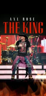 Dynamic concert image with 'The King' in vibrant stage lights.