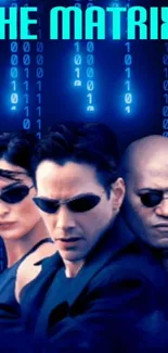 The Matrix movie wallpaper with iconic trio and blue digital backdrop.