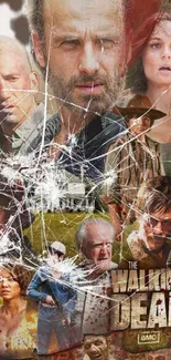 Walking Dead characters in dramatic collage with shattered glass effect.