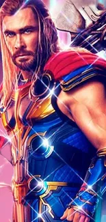 Vibrant Thor with cape and armor in striking colors.