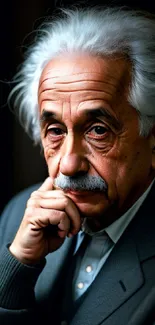 Thoughtful elderly man with white hair in a dark suit portrait.