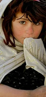 A young girl with a white shawl looks thoughtfully ahead.