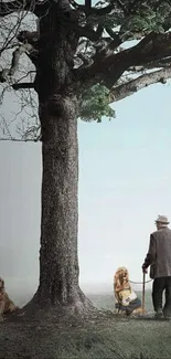 A split scene with a tree, man, dogs, and a gravestone on phone wallpaper.