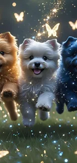 Three puppies in a magical scene with glowing butterflies in vibrant colors.