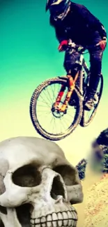 Mountain biker jumping with skull art in vibrant wallpaper.