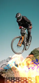 High-speed bike stunt against mountainous skyline.