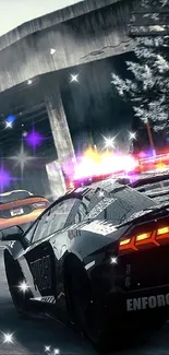 High-speed car chase with sleek sports cars and dramatic lighting.