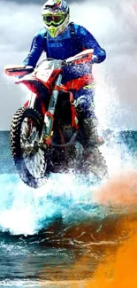 Dirt bike rider leaps over ocean waves with vibrant splash.