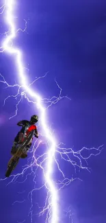 Motorcycle jumping through vivid lightning in a purple sky wallpaper.