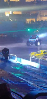 Monster truck in arena with spotlight and audience