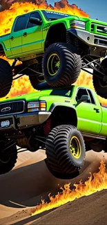 Lime green monster trucks with flames in desert scene.