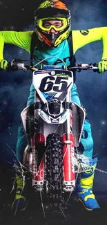 Motocross rider in neon gear on dirt bike in action pose.