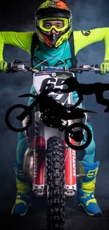 Motocross rider in neon gear performing a stunt against a smoky backdrop.