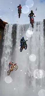 Motocross riders jumping in front of a majestic waterfall.