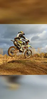 Motocross rider mid-air over dirt track, dynamic scene.