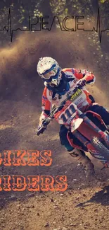 Motocross biker racing through a dirt track with dust rising in the background.