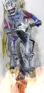 Motocross rider in action on a motorcycle with a fiery, dynamic design.