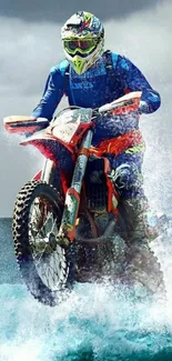 Biker riding a motocross bike across ocean waves, showcasing thrilling adventure.