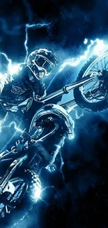 Motocross rider mid-jump with blue lightning background.