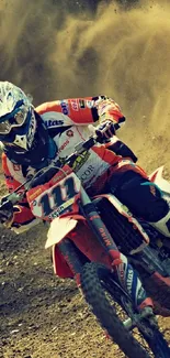 Motocross rider tackling a dusty dirt track with thrilling speed and precision.