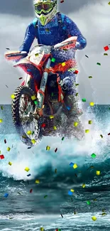 Motocross rider jumps over ocean waves with colorful confetti in the background.