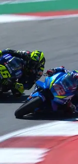 MotoGP riders speed through a thrilling turn in an intense, colorful race scene.