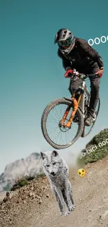 Mountain biker jumps with wolf on trail, vibrant outdoor scene.