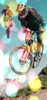 Mountain bikers in action with colorful bokeh on a rugged terrain.