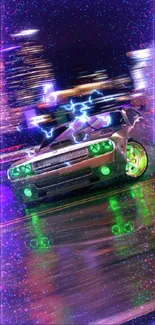 Dynamic car drifting in a vibrant city at night with glowing green lights.