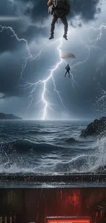 Parachutists in stormy ocean scene with lightning.