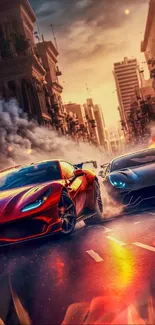 High-speed sports cars racing on a dramatic city street at sunset.