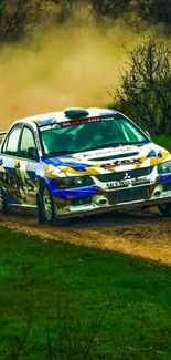 Rally car speeding on a dirt track surrounded by greenery.