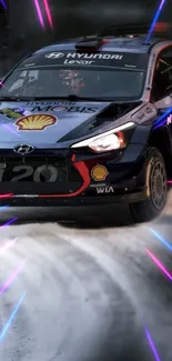 Dynamic rally car in action on a dirt road with colorful neon streaks.