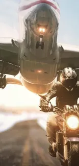 Motorcyclist dashes under low-flying airplane