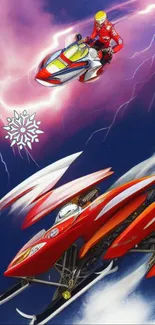 Dynamic snowmobile adventure with red and futuristic design.