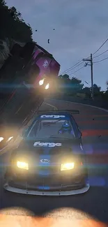 Dynamic street racing car on curvy mountain road.