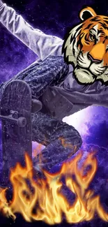 Tiger-headed skateboarder with flames and purple cosmic smoke.