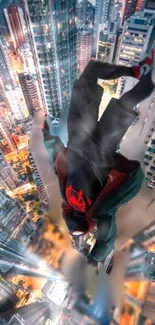 A superhero dives into a vibrant urban skyline, surrounded by tall city buildings.