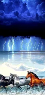 Wild horses run under a stormy sky with lightning.