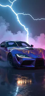 Sports car with lightning in stormy background.