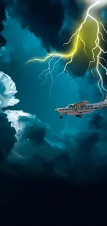 Airplane flies through lightning storm on teal cloudy backdrop.