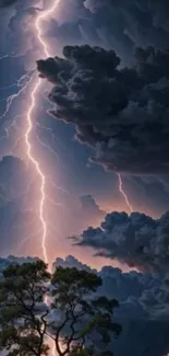 Striking lightning illuminates dark storm clouds.